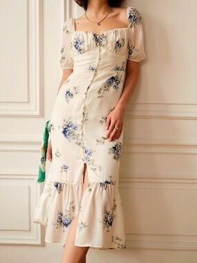 RIHOAS Cream Midi Dress with Blue Floral Print